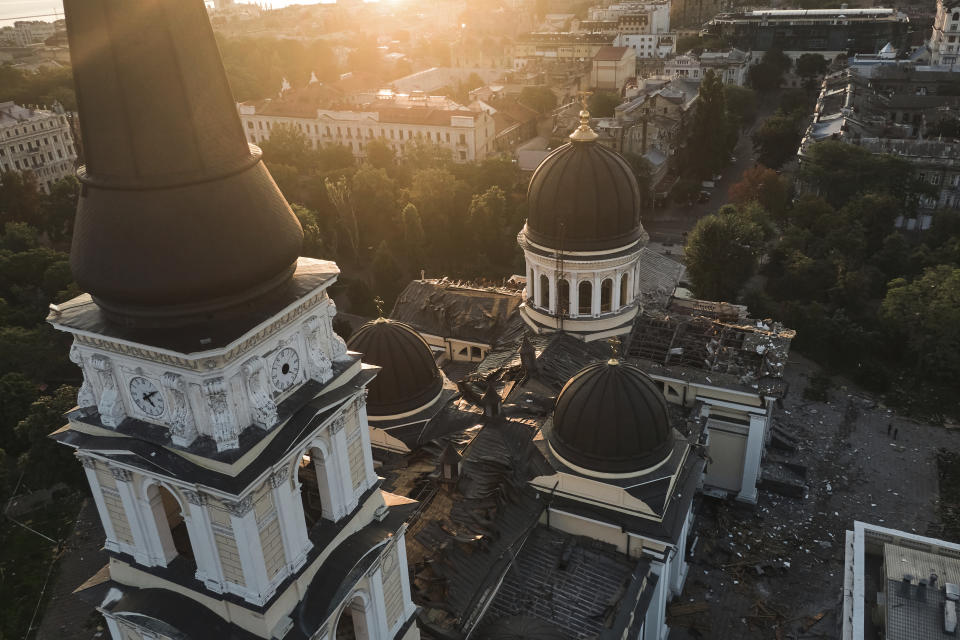 The Odesa Transfiguration Cathedral is seen heavily damaged following Russian missile attacks in Odesa, Ukraine, Sunday, July 23, 2023. (AP Photo/Libkos)