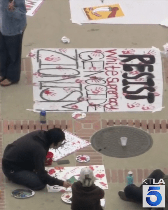 Pro-Palestinian demonstrators gather at UCLA on April 25, 2024. (KTLA)