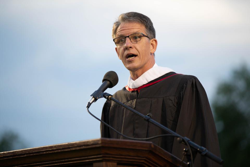 Outgoing Leon High School Principal Billy Epting gives a speech during the 2021 graduation ceremony at Gene Cox Stadium Saturday, June 12, 2021. 