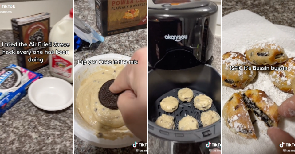 Hasan Hamad step by step images of the Oreo air fryer hack from his TikTok video. 