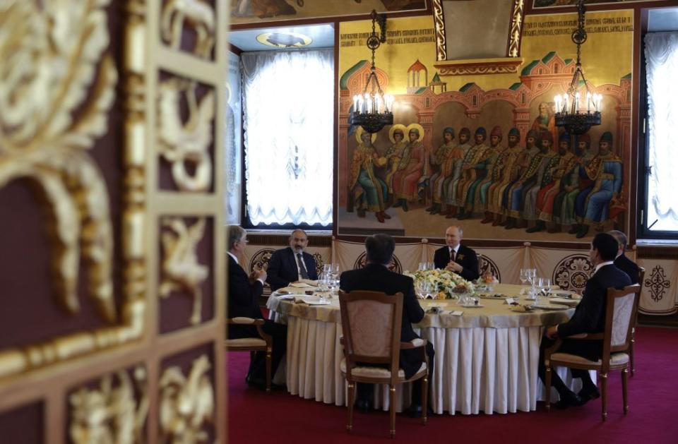 Russian President Vladimir Putin hosts a working breakfast for the state leaders in attendance at the Victory Day military parade in Moscow on May 9, 2023. (Photo by VLADIMIR SMIRNOV/SPUTNIK/AFP via Getty Images)