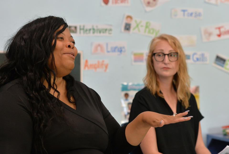 Early childhood mental health consultants Nashaylia Jenkins, left, and Kimberly Harvey conduct a workshop Monday, April 10, 2023, for teachers at Bright Beginnings Preschool in Sarasota. 