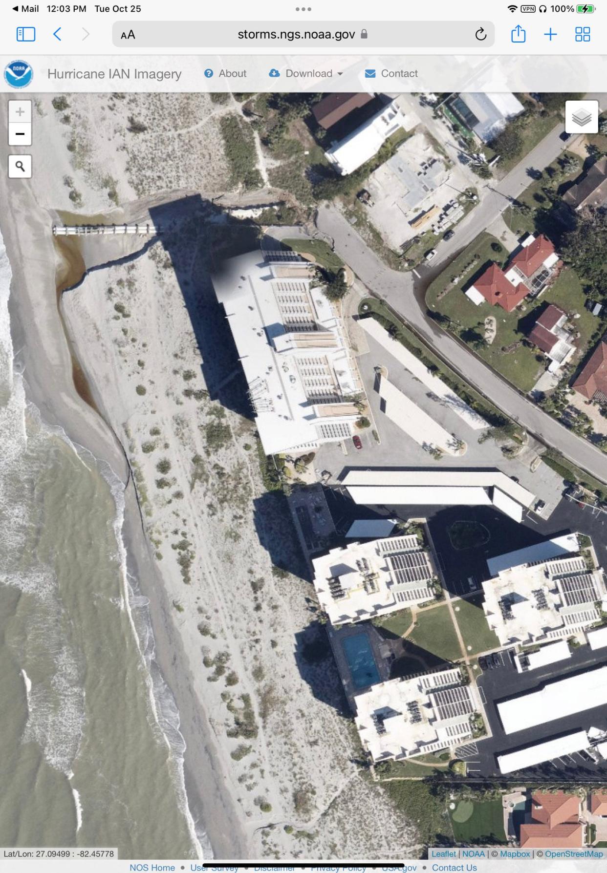 This NOAA satellite image, taken on Sept. 29 after Hurricane Ian made landfall, shows erosion of Alhambra Road near the Venice Sands condominium in the city of Venice, as well as beach erosion surrounding the city’s Stormwater Outfall No. 2. Prior to Ian, a majority of the length of the now exposed twin outfall pipes were covered by dry sand.