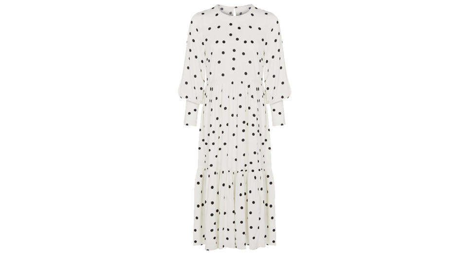 FINERY LONDON Polka Dot Round Neck Midi Tiered Dress