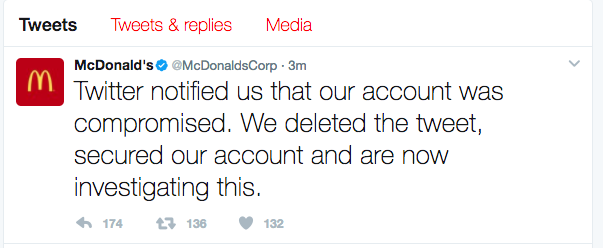 Enseguida la compañía notificó a través de Twitter que su cuenta había sido ‘hackeada’ y que estaban investigando la situación. (Foto: @McDonaldsCorp)