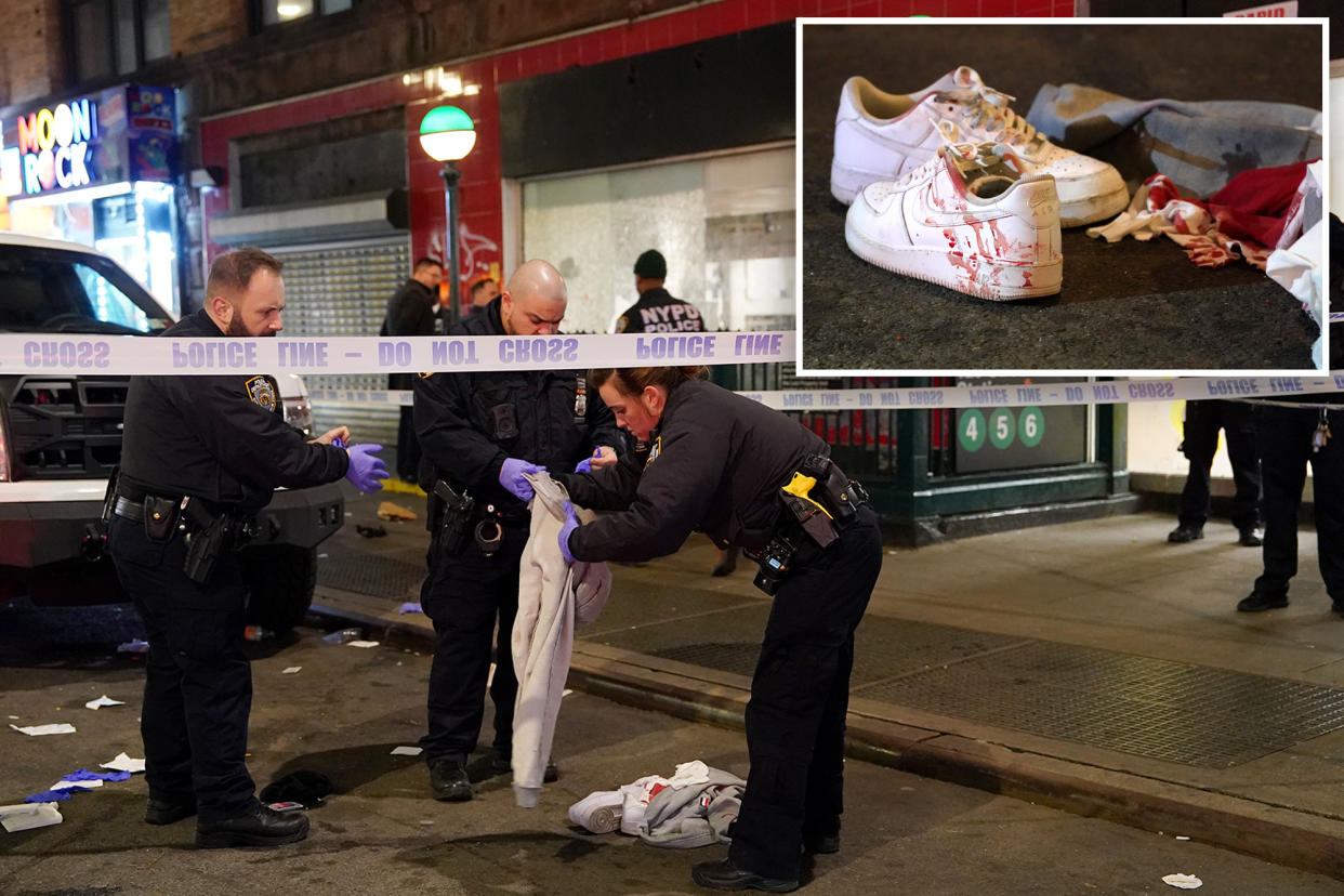 A composite photo. Three shots. One of investigators probing a crime scene in East Harlem; another of sneakers the victim was wearing, and another of cops looking at evidence.