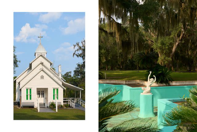 <p>Lindsey Harris Shorter</p> From left: St. Luke Baptist Church in Hog Hammock, a Gullah-Geechee community on Sapelo Island; a statue in the fountain at Reynold's Mansion, on Sapelo.