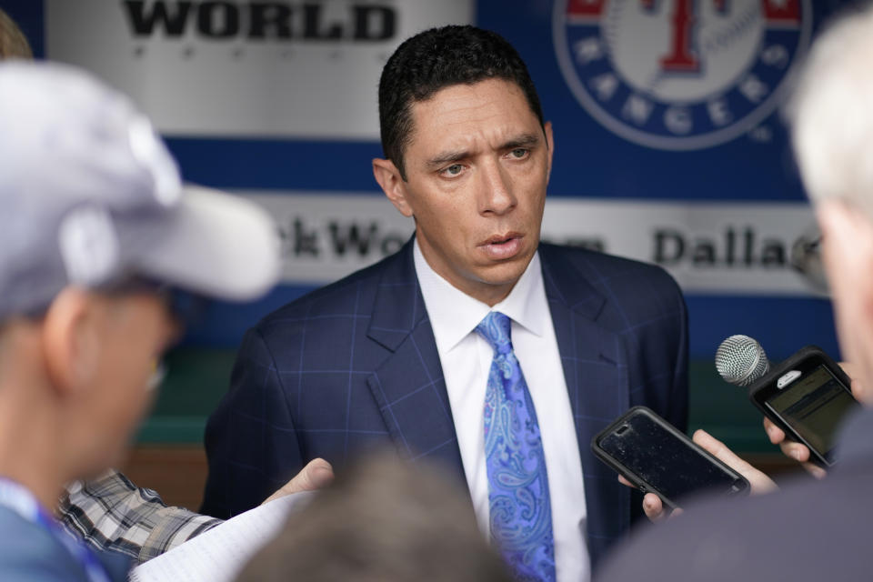 ARLINGTON, TX - MARCH 28:  Texas Rangers general manager Jon Daniels speaks with members of the media before the game between the Chicago Cubs and the Texas Rangers at Globe Life Park in Arlington on Thursday, March 28, 2019 in Arlington, Texas. (Photo by Cooper Neill/MLB via Getty Images)