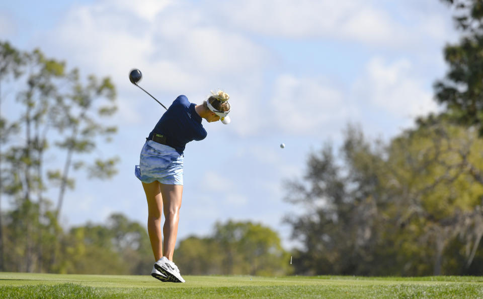 Nelly Korda watches her shot on the second hole during the third round of the Gainbridge LPGA golf tournament Thursday, Sept. 27, 2021, in Orlando, Fla. (AP Photo/Stan Badz)