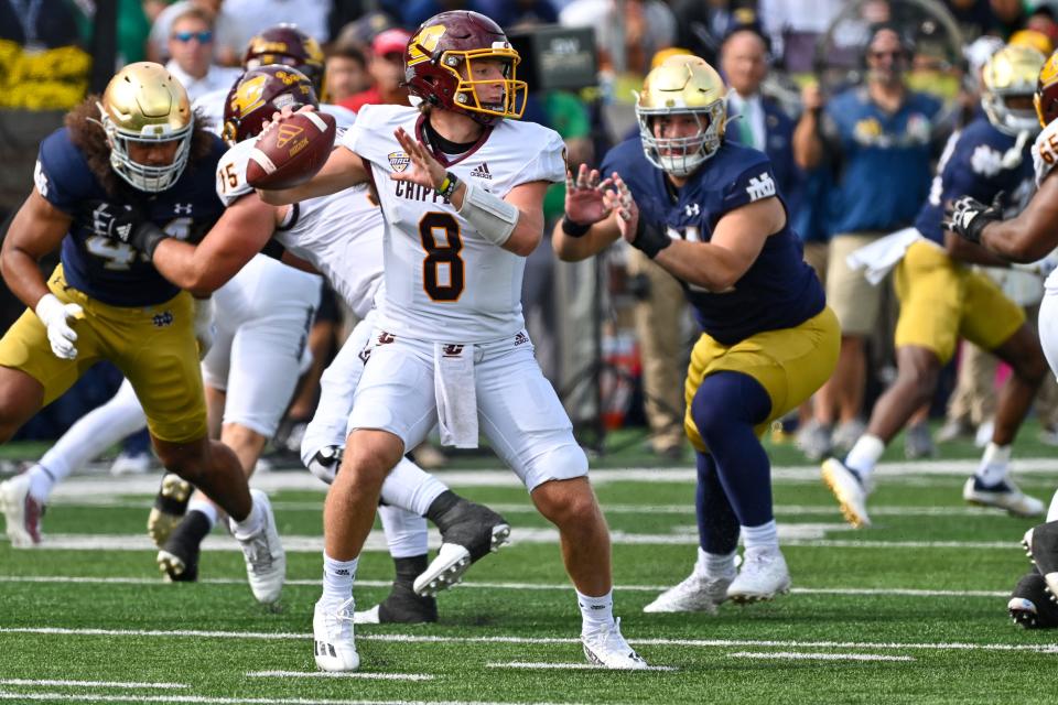 Central Michigan Chippewas quarterback Jase Bauer throws in the second quarter against the Notre Dame Fighting Irish at Notre Dame Stadium.