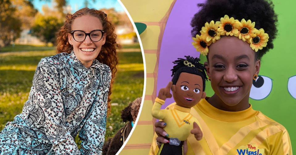 L: Emma Watkins smiling in a field. R: Tsehay Hawkins as the Yellow Wiggle holding her doll