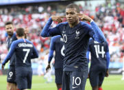 <p>France’s Kylian Mbappe celebrates after scoring against Peru </p>