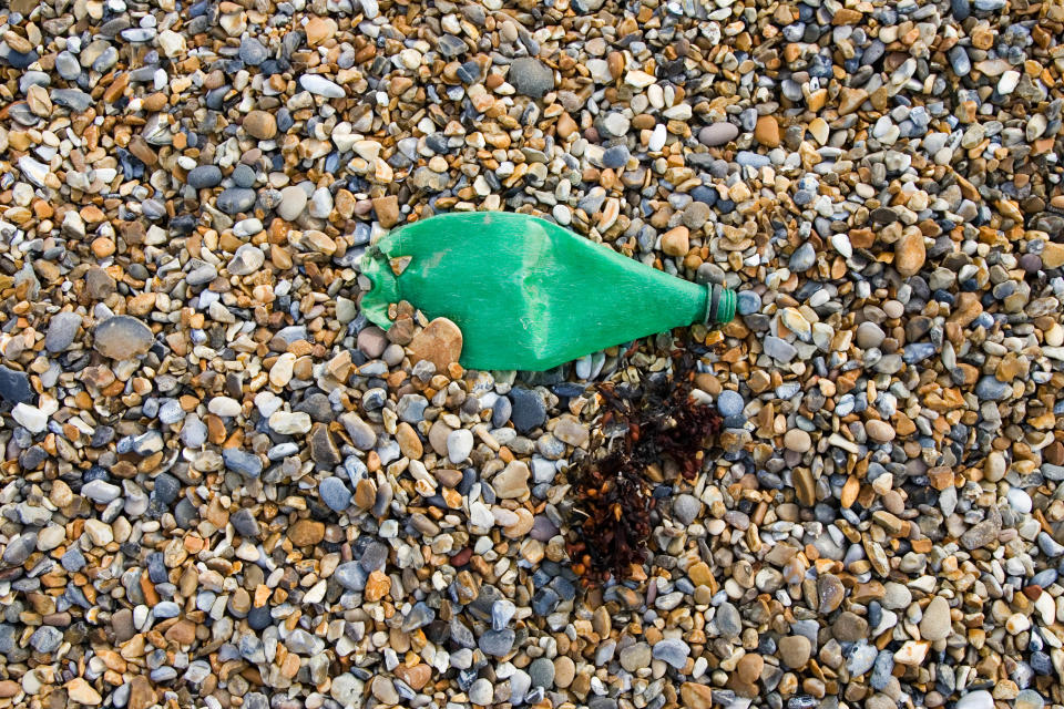 Plastic bottle discarded on pebbly beach next to seaweed