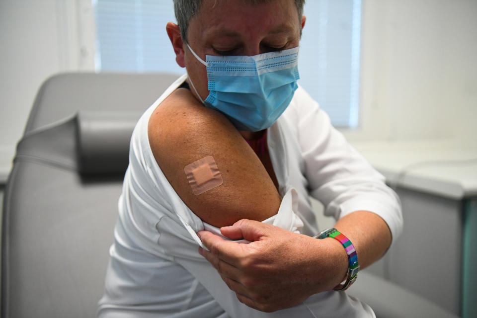 Kate Bingham, Chair of the Government's Vaccine Taskforce, with a plaster on her arm after starting her Novavax trial at the Royal Free Hospital, north London. (Photo by Kirsty O'Connor/PA Images via Getty Images)