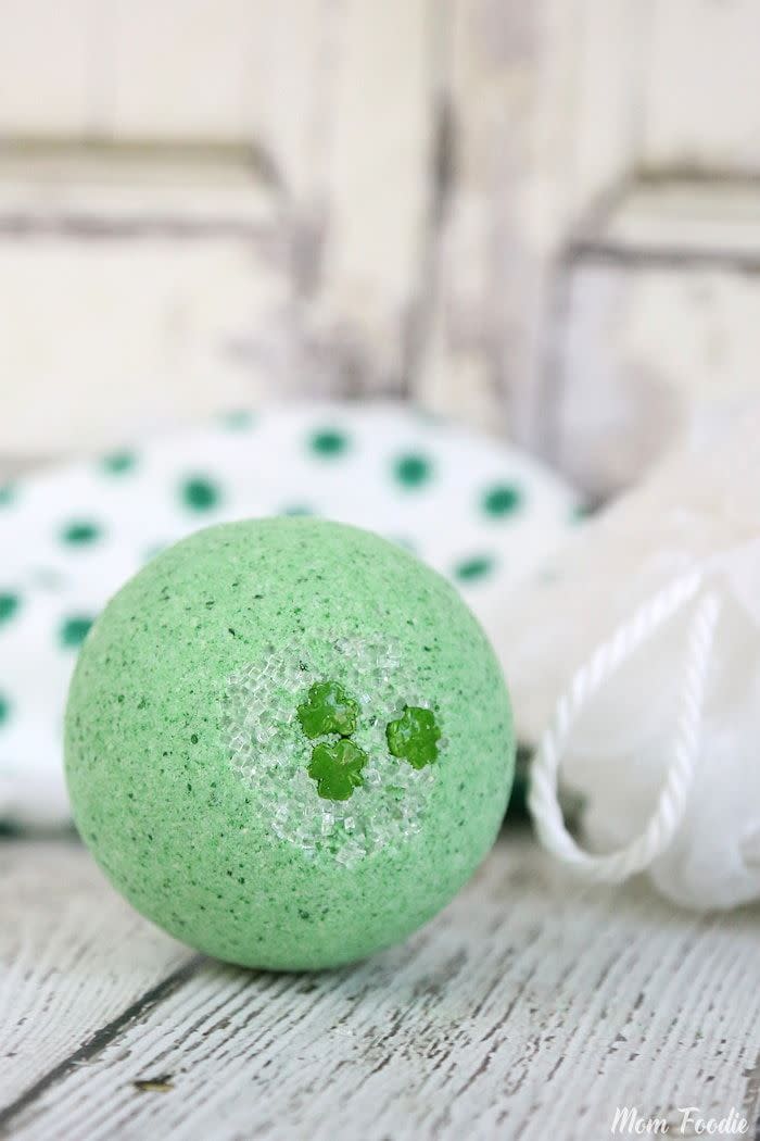 <p>Inspired by McDonald's minty milkshake, this green bath bomb will bring luck to bath time. This DIY requires several ingredients, some you may have at home, like baking soda, Epsom salt, cornstarch and coconut oil. </p><p><em><a href="https://momfoodie.com/st-patricks-day-bath-bomb/" rel="nofollow noopener" target="_blank" data-ylk="slk:Get the tutorial at Mom Foodie »;elm:context_link;itc:0" class="link ">Get the tutorial at Mom Foodie »</a></em></p>