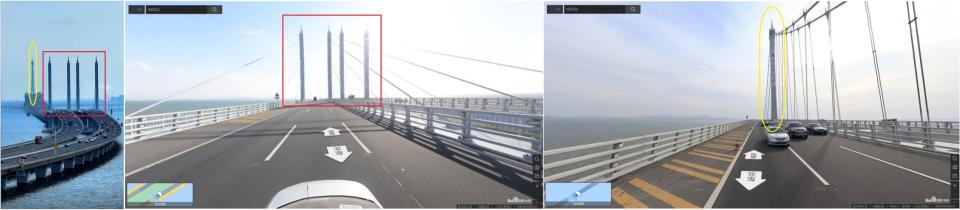 <span>Screenshot comparison of the Douyin video of the bridge (left) and the Baidu Maps street view imagery (centre, right)</span>