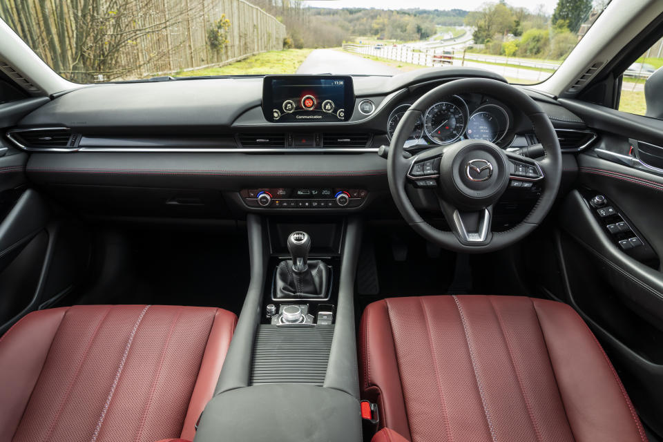 Red leather seats give the Mazda6’s cabin a premium feel