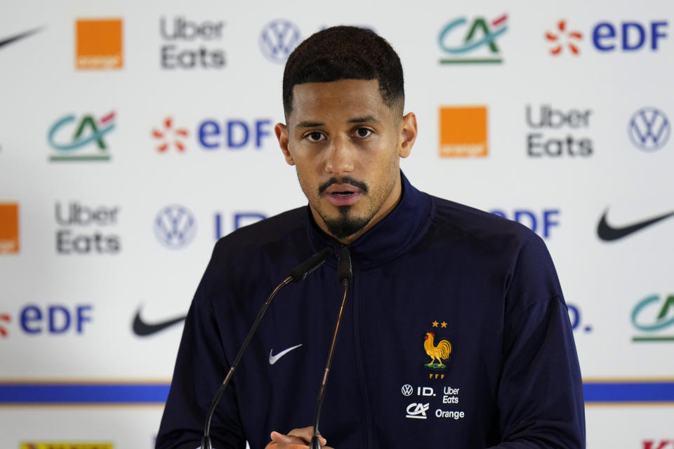 France's William Saliba speaks during a press conference in Paderborn, Germany, Wednesday, June 19, 2024. France will play against Austria during their Group D soccer match at the Euro 2024 soccer tournament on June 17. (AP Photo/Hassan Ammar)