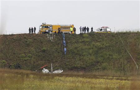 Investigators and firefighters stand in front of a wreckage of a twin propeller airplane at South Africa's Lanseria airport outside Johannesburg February 3, 2014. REUTERS/Siphiwe Sibeko