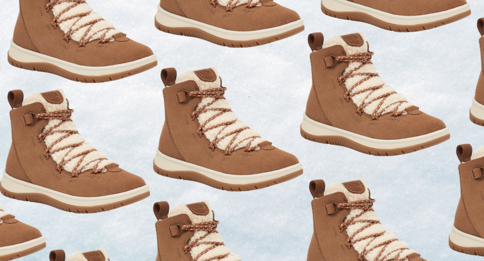 ugg lakesider heritage boots in brown suede and cream plush on snow 