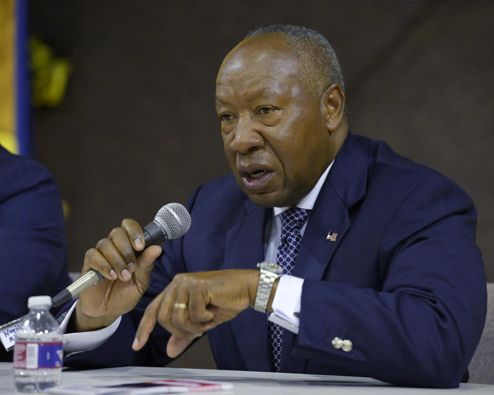 Henry Whitehorn Sr., candidate for Caddo Parish Sheriff, speaks during a forum held by the Broadmoor Neighborhood Association at Broadmoor Presbyterian Church in Shreveport, La., Tuesday, Oct. 10, 2023. Whitehorn, a Democrat, won the Nov. 18 election for Caddo Parish Sheriff by one vote, according to results from the Secretary of State’s office. (Jill Pickett/The Advocate via AP)