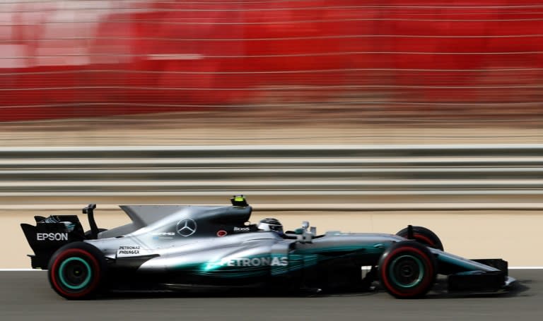 Mercedes' Valtteri Bottas drives his car during the third practice session ahead of qualifying for the Bahrain Formula One Grand Prix at the Sakhir circuit in Manama on April 15, 2017
