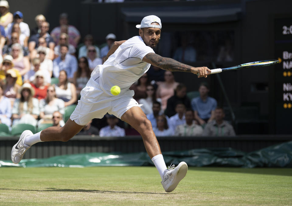 LONDON, ENGLAND - JULY 04: Nick Kyrgios of Australia during his match against Brandon Nakashima of United States of America during their Men's Singles Fourth Round match on day eight of The Championships Wimbledon 2022 at All England Lawn Tennis and Croquet Club on July 04, 2022 in London, England. (Photo by Visionhaus/Getty Images)