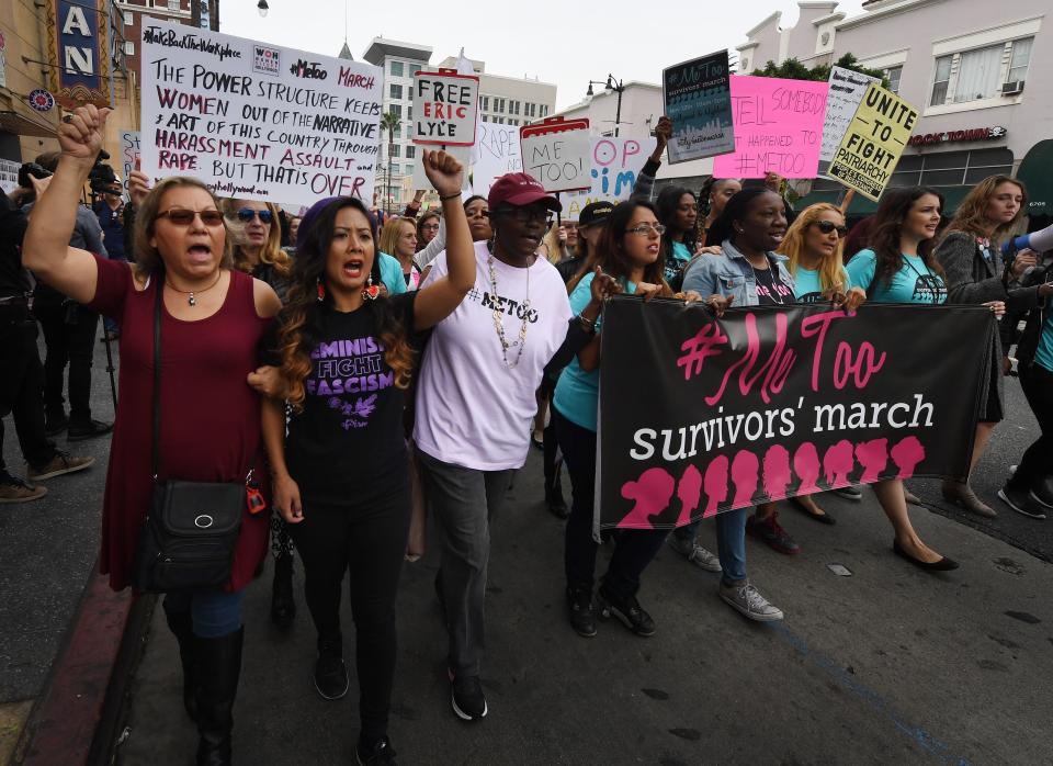 Victims of sexual harassment, sexual assault and sexual abuse and their supporters protest during a #MeToo march in Hollywood, Los Angeles, on Nov. 12, 2017.