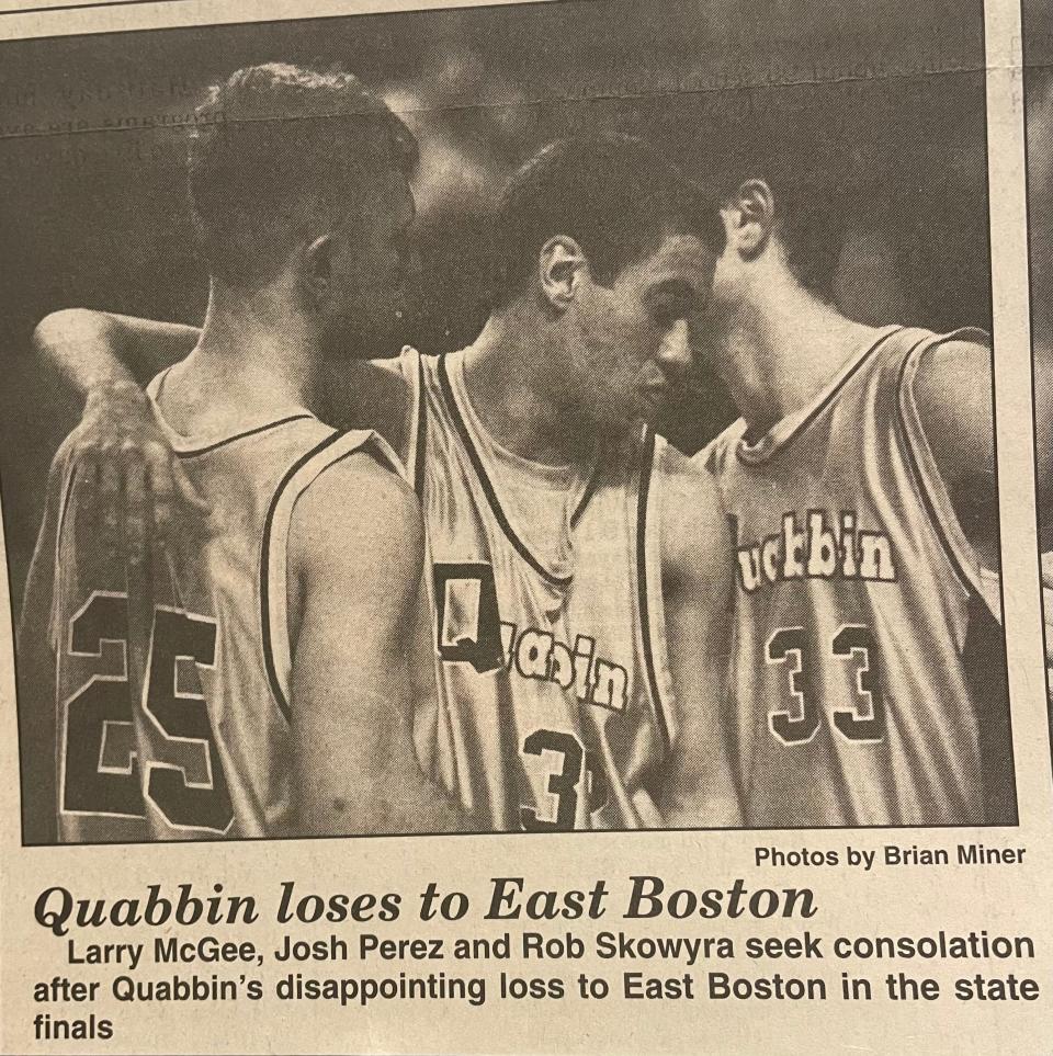Larry McGee, Josh Perez and Rob Skowyra gather after losing the state final to East Boston in 1999. Perez and Skowyra reunited to celebrate that season at a game in Quabbin on February 2, 2024.