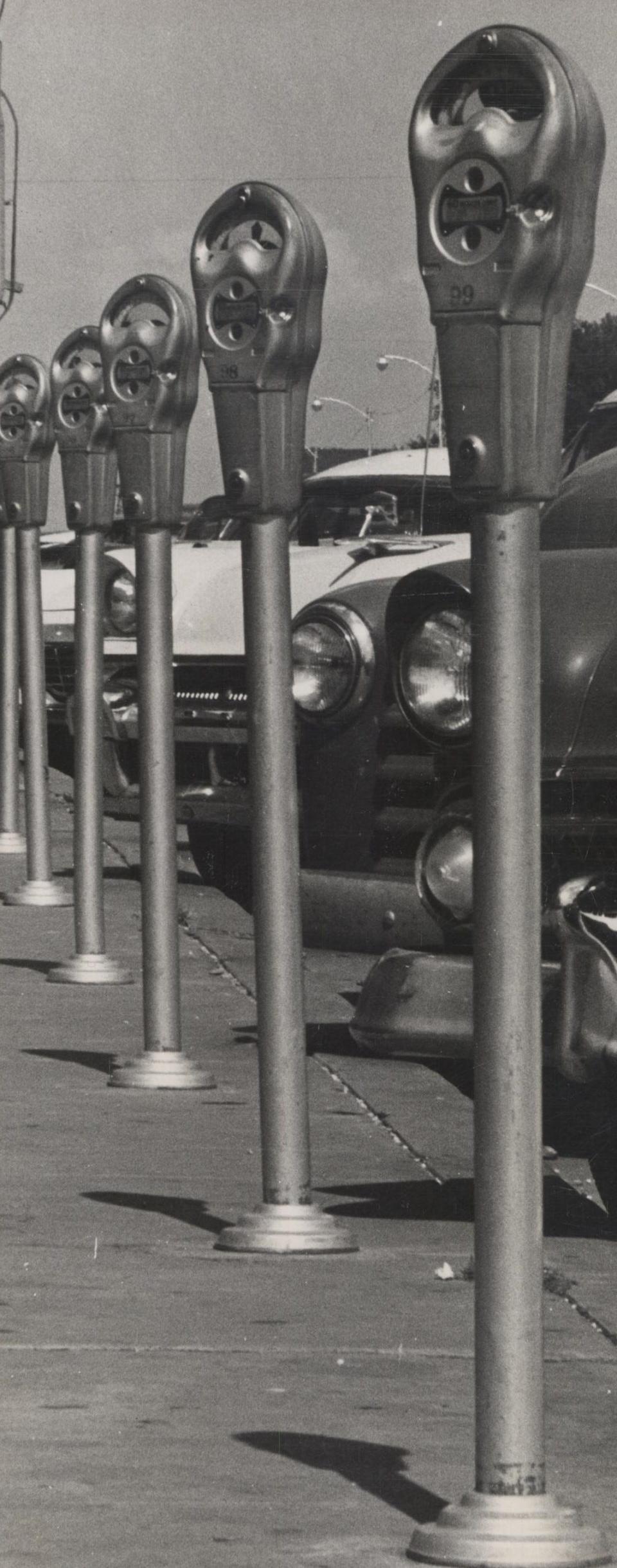 A row of parking meters line a downtown Oklahoma City street in 1960.