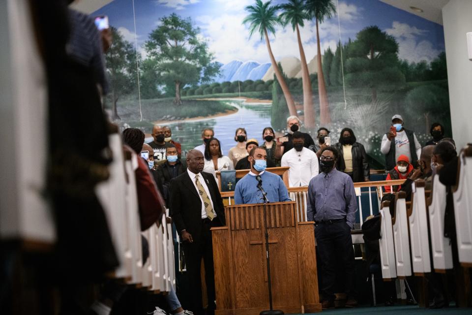 Jason Walker's brother speaks at a rally at Good Hope Missionary Baptist Church on Thursday, Jan. 13, 2022. Jason Walker, 37, was shot and killed on Saturday by an off-duty deputy with the Cumberland County Sheriff's Office.
