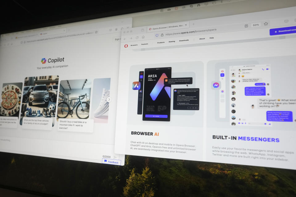 Copilot and Opera pages showing the incorporation of AI technology are displayed in London, Tuesday, Feb. 13, 2024. The rise of generative AI chatbots is giving people new and different ways to look up information. (AP Photo/Alastair Grant)