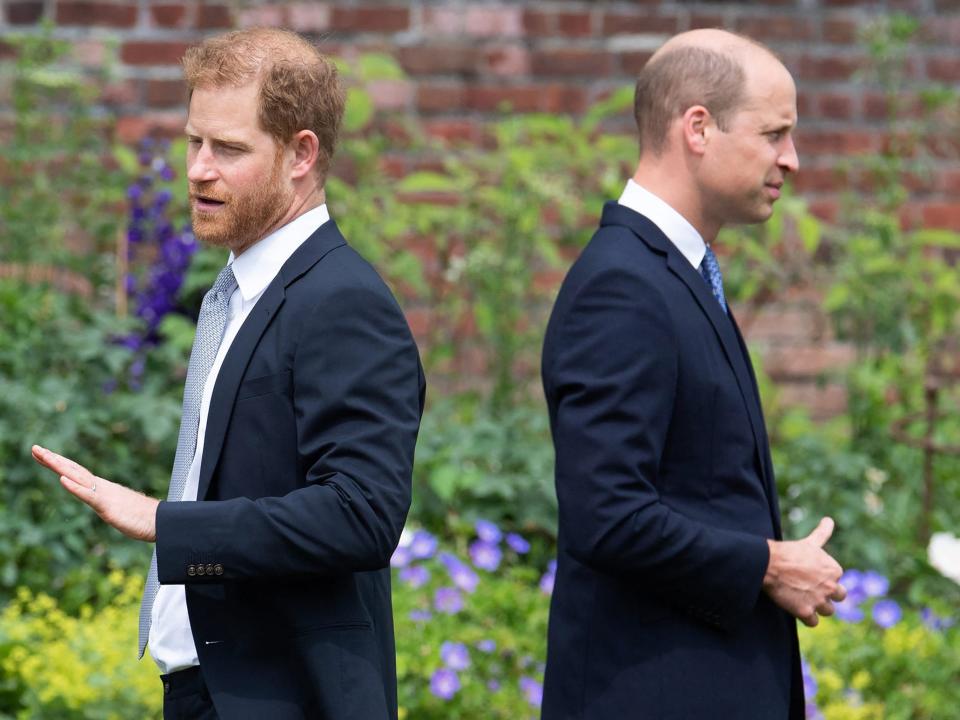 Prince Harry and Prince William at the unveiling of a statue of their mother, Princess Diana, in Kensington Palace, London on July 1, 2021.