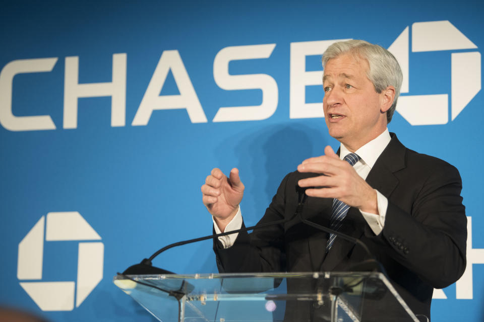 JPMorgan Chase & Co. Chairman and CEO Jamie Dimon speaks at a luncheon on Thursday, April 19, 2018 in Washington. (Kevin Wolf/AP Images)