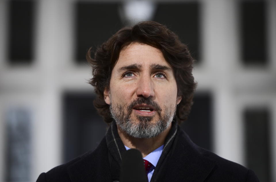 Prime Minister Justin Trudeau holds a news conference at Rideau Cottage in Ottawa on Friday, Jan. 22, 2021. (Sean Kilpatrick/The Canadian Press via AP)