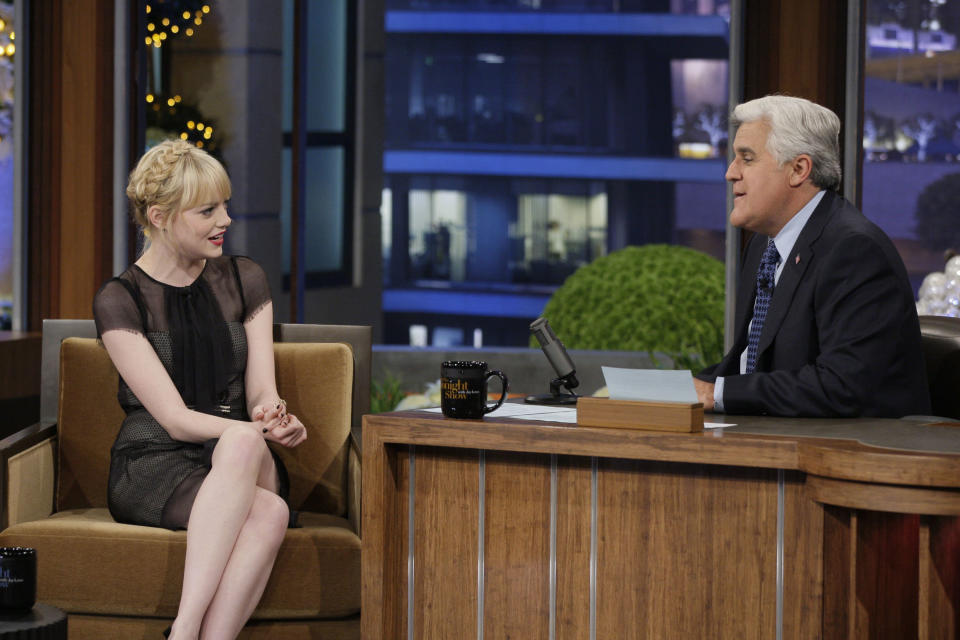 Emma Stone during an interview with host Jay Leno in 2010.&nbsp;<br />