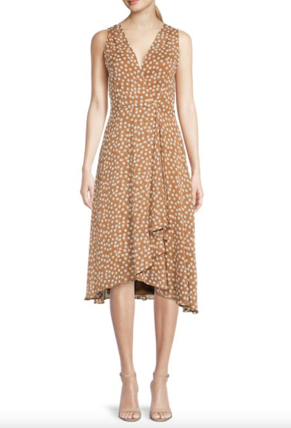 brown polka dot Calvin Klein Polka Dot Wrap Dress (Photo via Saks Off Fifth)