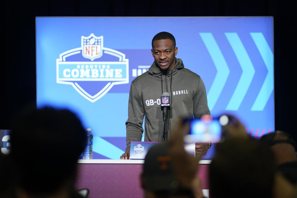 Tennessee quarterback Hendon Hooker speaks during a news conference at the NFL football scouting combine in Indianapolis, Friday, March 3, 2023. (AP Photo/Darron Cummings)