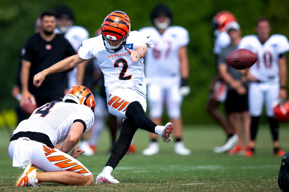 Cincinnati Bengals kicker Evan McPherson (2) kicks a field goal during preseason training camp Monday, Aug. 8, 2022. He's hit 35 of 36 kicks this year in training camp with Drue Chrisman and Kevin Huber rotating as holders.