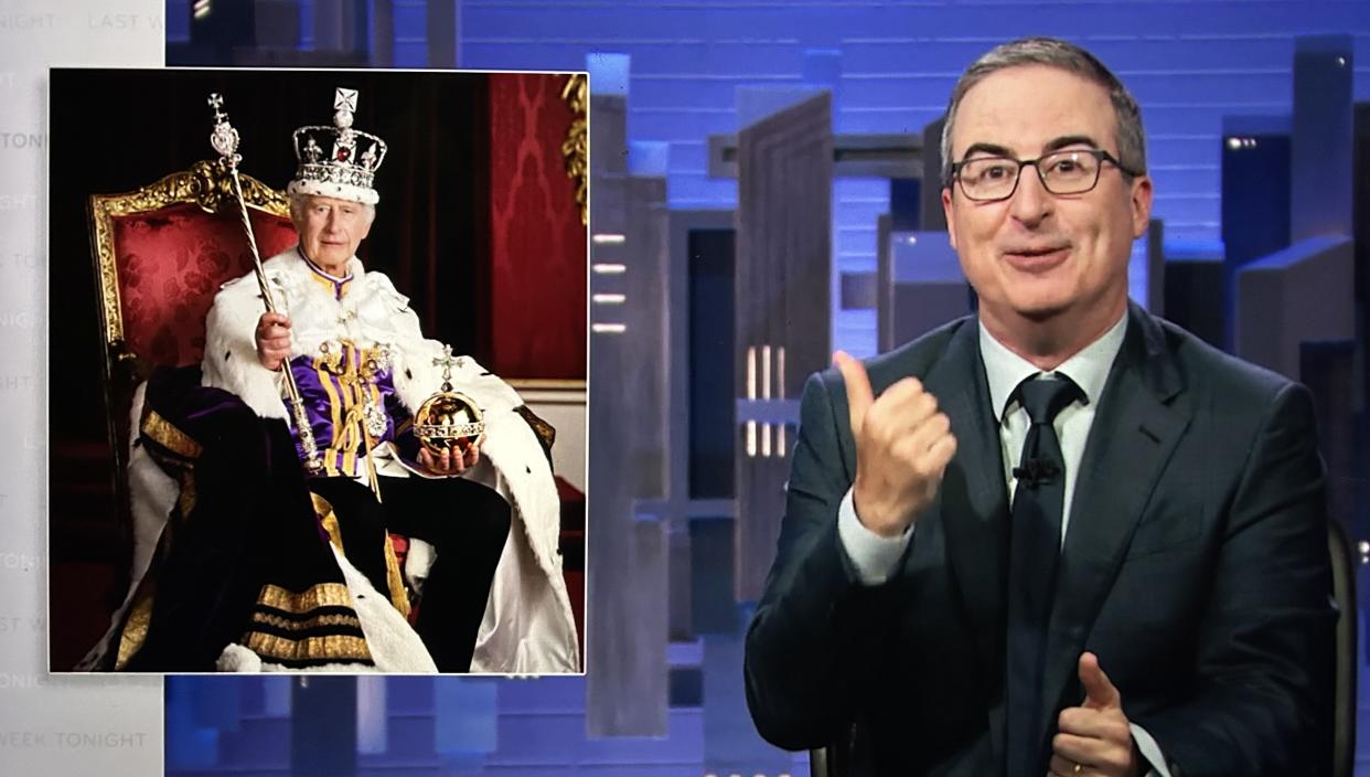 With his show Last Week Tonight back on the air, John Oliver served up biting commentary on King Charles, among many others. {HBO)