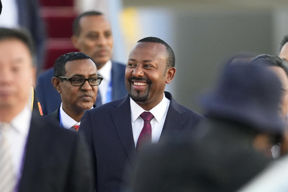 Ethiopian Prime Minister Abiy Ahmed arrives at Beijing Capital International Airport to attend the Third Belt and Road Forum in Beijing, Monday, Oct. 16, 2023. (Ken Ishii/Pool Photo via AP)