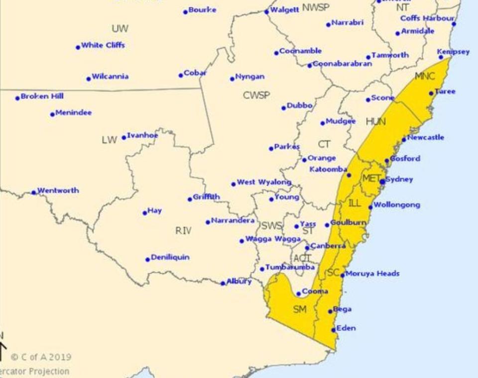 A Bureau of Meteorology weather map shows the impacted area along the NSW coast. Source: BoM