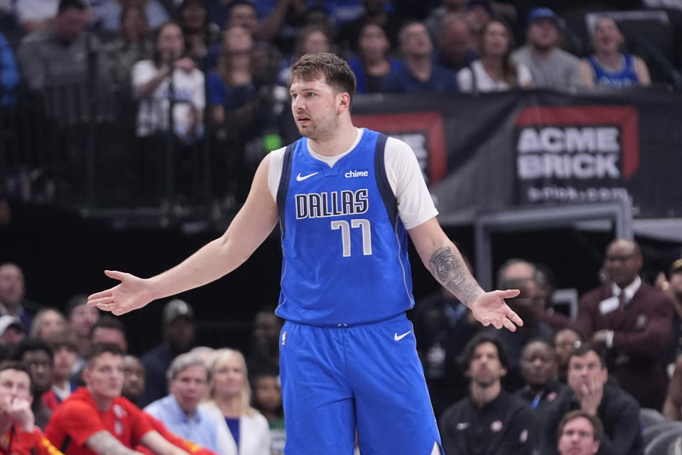 Dallas Mavericks guard Luka Doncic questions a call during the first half of an NBA basketball game against the Atlanta Hawks in Dallas, Thursday, April 4, 2024. (AP Photo/LM Otero)