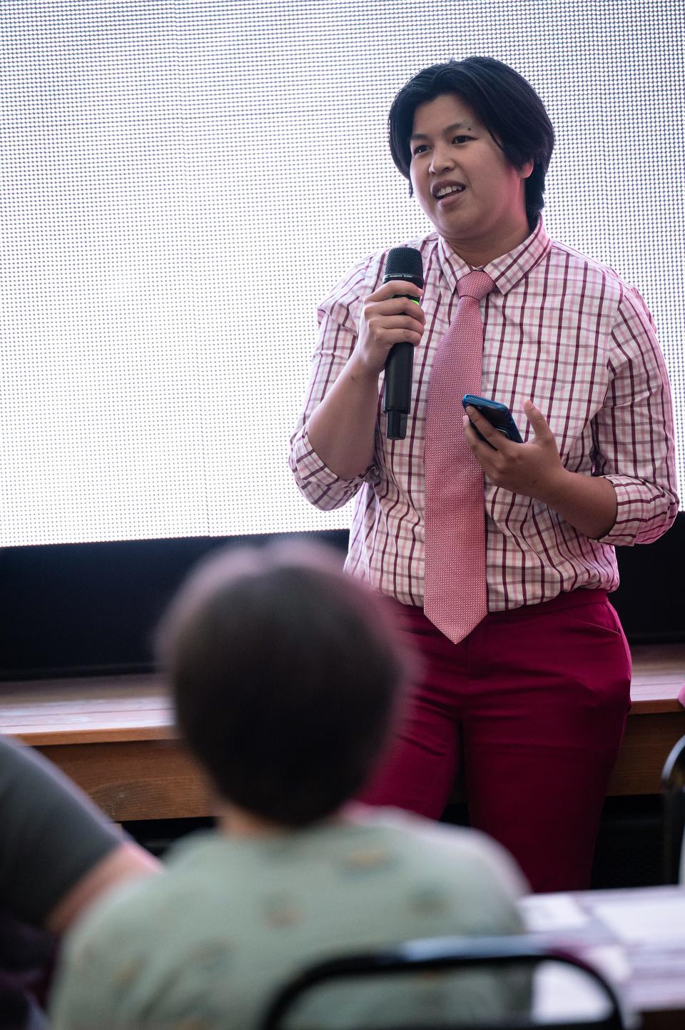 Worcester City Council member Thu Nguyen speaks during during "Drag Athon" an event to raise awareness of anti-trans and anti-drag legislation across the United States held at The Worcester Beer Garden on Thursday June 01, 2023.