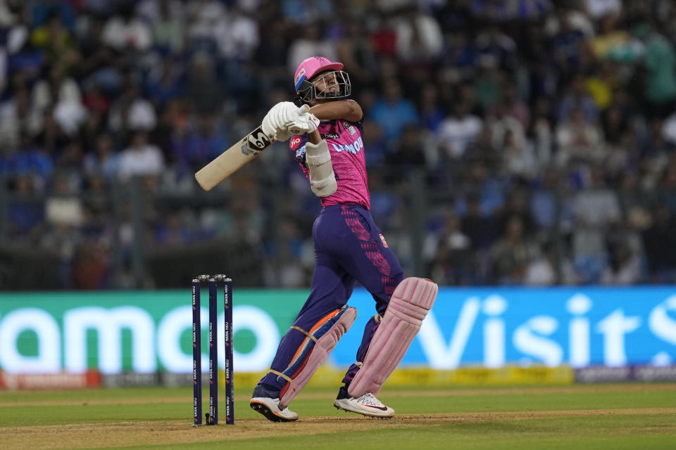 Rajasthan Royals' Yashasvi Jaiswal plays a shot during the Indian Premier League cricket match between Mumbai Indians and Rajasthan Royals in Mumbai, India, Sunday, April 30, 2023. (AP Photo/Rajanish Kakade)