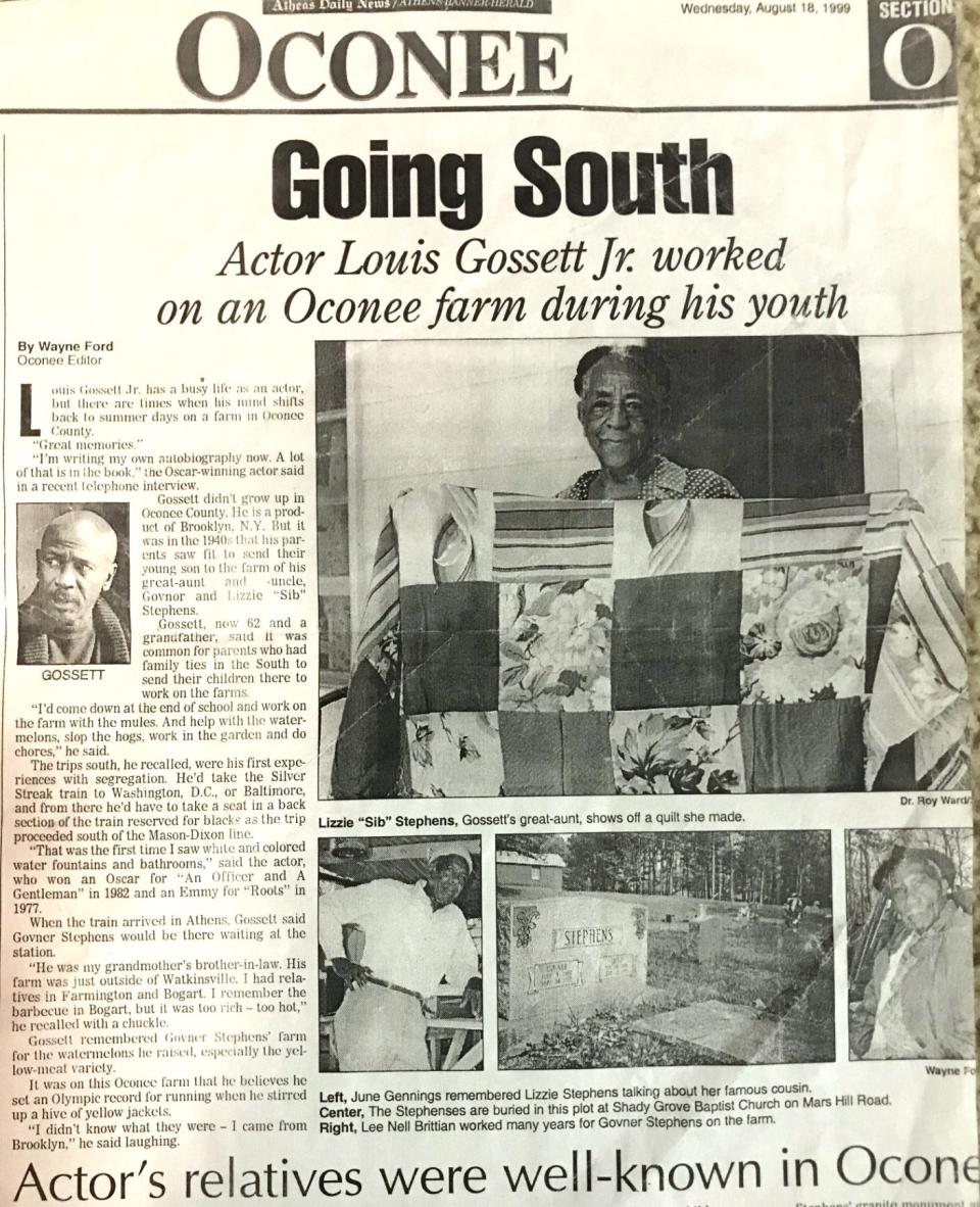 Louis Gossett Jr.'s connection to Oconee County was the subject of a story in 1999 in the Athens Banner-Herald.