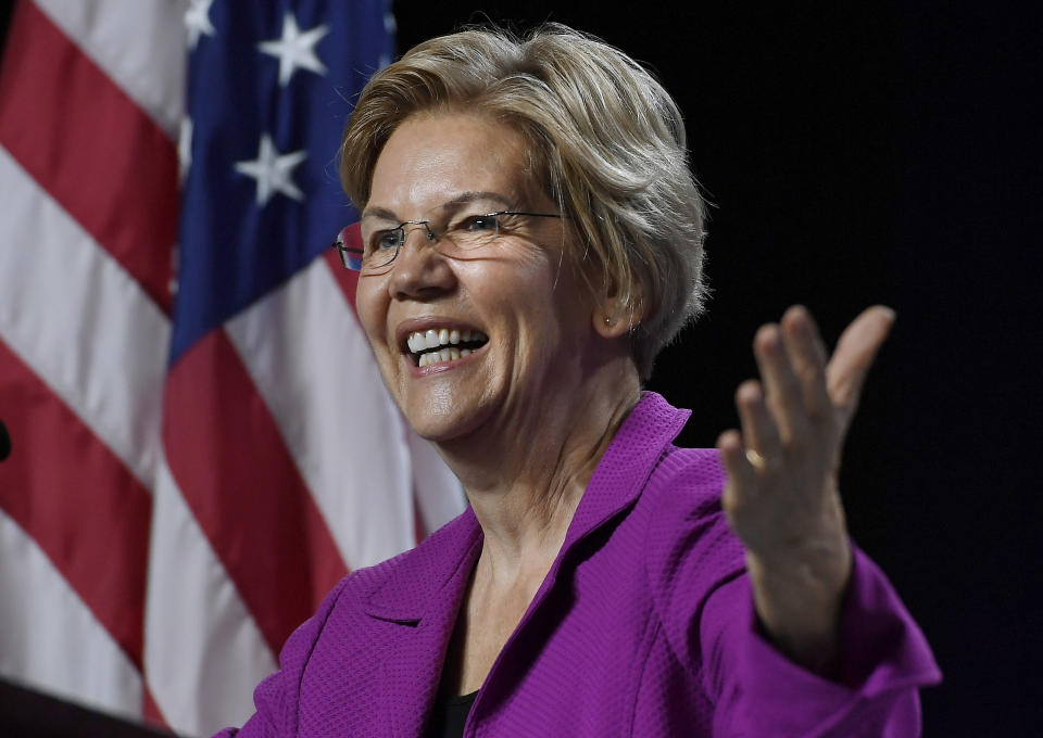 Democratic presidential candidate U.S. Sen. Elizabeth Warren, speaks to delegates during the 2019 Massachusetts Democratic Party Convention, Saturday, Sept. 14, 2019, in Springfield, Mass. (AP Photo/Jessica Hill)