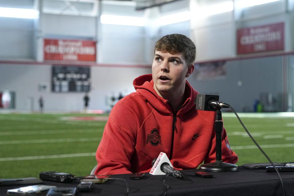 Mar 4, 2024; Columbus, OH, USA; Ohio State Buckeyes quarterback Will Howard speaks to media at the start of spring practice at the Woody Hayes Athletic Center.