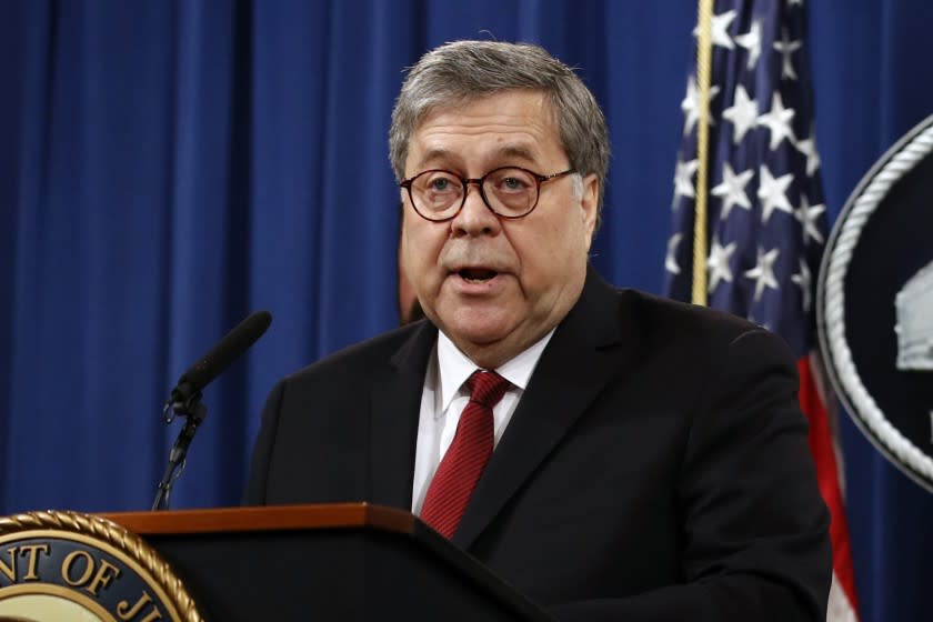 FILE - In this April 18, 2019, file photo, Attorney General William Barr speaks about the release of a redacted version of special counsel Robert Mueller's report during a news conference at the Department of Justice in Washington. (AP Photo/Patrick Semansky, File)