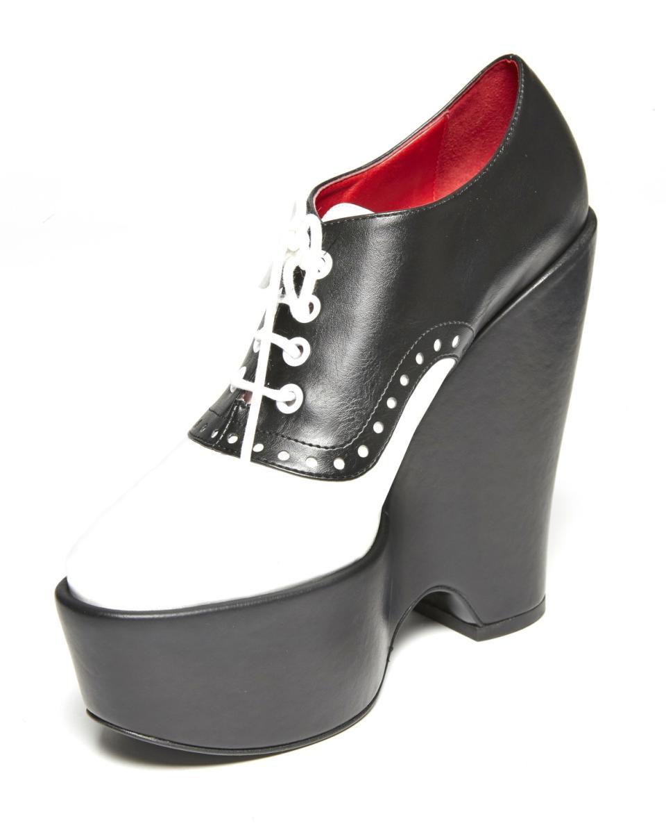 Von D Shoes' Girlschool is a saddle shoe with 2-inch platform and 6-inch heel.